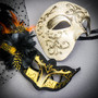 Silver Phantom Venetian Half Face Mask & Gold Black Feather Venetian Eye Mask Couple Masquerade Set