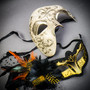 Silver Phantom Venetian Half Face Mask & Gold Black Feather Venetian Eye Mask Couple Masquerade Set