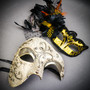 Silver Phantom Venetian Half Face Mask & Gold Black Feather Venetian Eye Mask Couple Masquerade Set