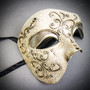 Silver Phantom Venetian Half Face Mask & Gold Black Feather Venetian Eye Mask Couple Masquerade Set