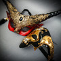 Red Gold Horned Devil Eye Mask & Gold Black Phantom of the Opera Couple Masquerade Set