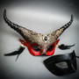 Red Gold Horned Devil Eye Mask & Black Half Face Masquerade Mask Couple Mask Set