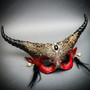 Red Gold Horned Devil Eye Mask & Black Half Face Masquerade Mask Couple Mask Set