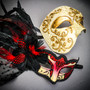 Gold Phantom of the Opera & Red Venetian Feather Eye Mask Couple Masquerade Set