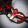 Gold Phantom of the Opera & Red Venetian Feather Eye Mask Couple Masquerade Set