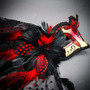 Gold Phantom of the Opera & Red Venetian Feather Eye Mask Couple Masquerade Set