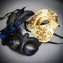 Venetian Gold Phantom Half Face Mask & Black Blue Feather Masquerade Couple Mask Set