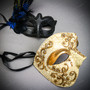 Venetian Gold Phantom Half Face Mask & Black Blue Feather Masquerade Couple Mask Set