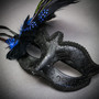 Venetian Gold Phantom Half Face Mask & Black Blue Feather Masquerade Couple Mask Set