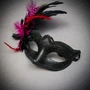Venetian Gold Phantom Half Face Mask & Black Pink Feather Masquerade Couple Mask Set