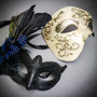 Venetian Silver Phantom Half Face Mask & Black Blue Feather Masquerade Couple Mask Set