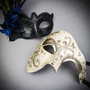 Venetian Silver Phantom Half Face Mask & Black Blue Feather Masquerade Couple Mask Set
