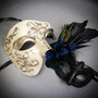Venetian Silver Phantom Half Face Mask & Black Blue Feather Masquerade Couple Mask Set