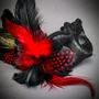 Venetian Gold Phantom Half Face Mask & Black Red Feather Masquerade Couple Mask Set