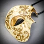 Venetian Gold Phantom Half Face Mask & Black Red Feather Masquerade Couple Mask Set