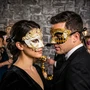 Venetian White Gold Warrior Mask & Black Gold Harlequin Masquerade Couple Mask Set