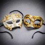 Venetian White Gold Warrior Mask & Black Gold Harlequin Masquerade Couple Mask Set