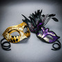 Venetian Gold Harlequin & Purple Feather Eye Mask Couple Masquerade Set