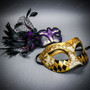 Venetian Gold Harlequin & Purple Feather Eye Mask Couple Masquerade Set