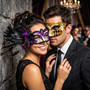 Venetian Gold Harlequin & Purple Feather Eye Mask Couple Masquerade Set