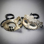 Silver Venetian Harlequin & Crystal Lace Half Face Masquerade Couple Mask Set