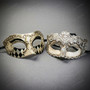 Silver Venetian Harlequin & Crystal Lace Half Face Masquerade Couple Mask Set