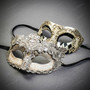 Silver Venetian Harlequin & Crystal Lace Half Face Masquerade Couple Mask Set