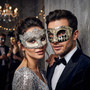 Silver Venetian Harlequin & Crystal Lace Half Face Masquerade Couple Mask Set