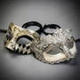 Silver Venetian Harlequin & Crystal Lace Half Face Masquerade Couple Mask Set