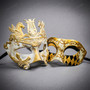 Venetian White Gold Greek Warrior Mask & Royal Harlequin Masquerade Couple Mask Set