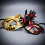 Venetian Gold Harlequin & Red Feather Eye Mask Couple Masquerade Set