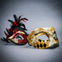 Venetian Gold Harlequin & Red Feather Eye Mask Couple Masquerade Set