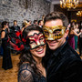 Venetian Gold Harlequin & Red Feather Eye Mask Couple Masquerade Set