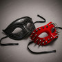 Red Steampunk Spike Mask & Black Glitter Half Face Ball Masquerade Couple Mask Set
