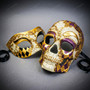 Black Gold Harlequin Venetian Mask & Purple Day of the Dead Sugar Skull Couple Mask Set