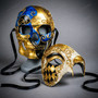 Blue Gold Day of the Dead Skull Mask & Gold Venetian Phantom of the Opera Mask Couple Masquerade Set