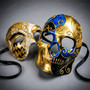 Blue Gold Day of the Dead Skull Mask & Gold Venetian Phantom of the Opera Mask Couple Masquerade Set