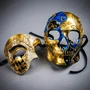 Blue Gold Day of the Dead Skull Mask & Gold Venetian Phantom of the Opera Mask Couple Masquerade Set