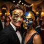 Blue Gold Day of the Dead Skull Mask & Gold Venetian Phantom of the Opera Mask Couple Masquerade Set