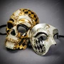 Couples Masquerade Mask Set - Gold and Black Harlequin Skull Mask and Silver Venetian Phantom of the Opera Half Mask