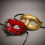 Red Steampunk Spike Mask & Gold Glitter Half Face Ball Masquerade Couple Mask Set