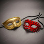 Red Steampunk Spike Mask & Gold Glitter Half Face Ball Masquerade Couple Mask Set