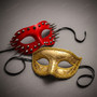 Red Steampunk Spike Mask & Gold Glitter Half Face Ball Masquerade Couple Mask Set