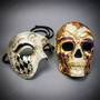 Venetian Purple Gold Sugar Skull Mask & Silver Phantom of the Opera Masquerade Couple Mask Set
