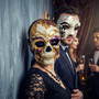 Venetian Purple Gold Sugar Skull Mask & Silver Phantom of the Opera Masquerade Couple Mask Set