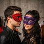 Red Steampunk Spike Mask & Purple Glitter Half Face Ball Masquerade Couple Mask Set