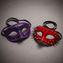 Red Steampunk Spike Mask & Purple Glitter Half Face Ball Masquerade Couple Mask Set
