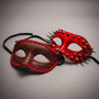 Red Steampunk Spike Mask & Red Glitter Half Face Ball Masquerade Couple Mask Set