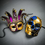 Venetian Masquerade Masks Jester with Bells and Skull Day of the Dead Couple Masquerade -Blue Gold Purple