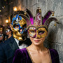Venetian Masquerade Masks Jester with Bells and Skull Day of the Dead Couple Masquerade -Blue Gold Purple